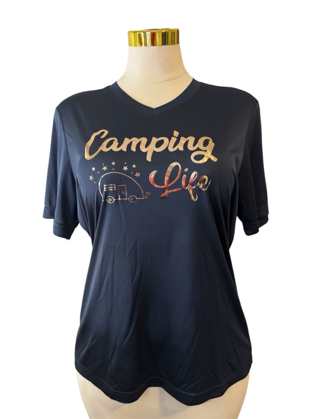 Team 365 Women's XL Camping Life Performance Tee Navy Blue Gold V-Neck Wicking